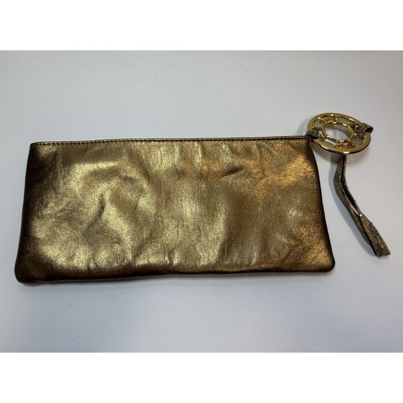Rachel Abroms Matallic Gold Snakeskin Leather Beaded Handle Wristlet Bag - Picture 3 of 9